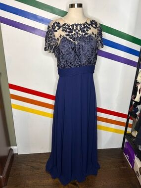 JS collections navy blue appliqué gown size 12